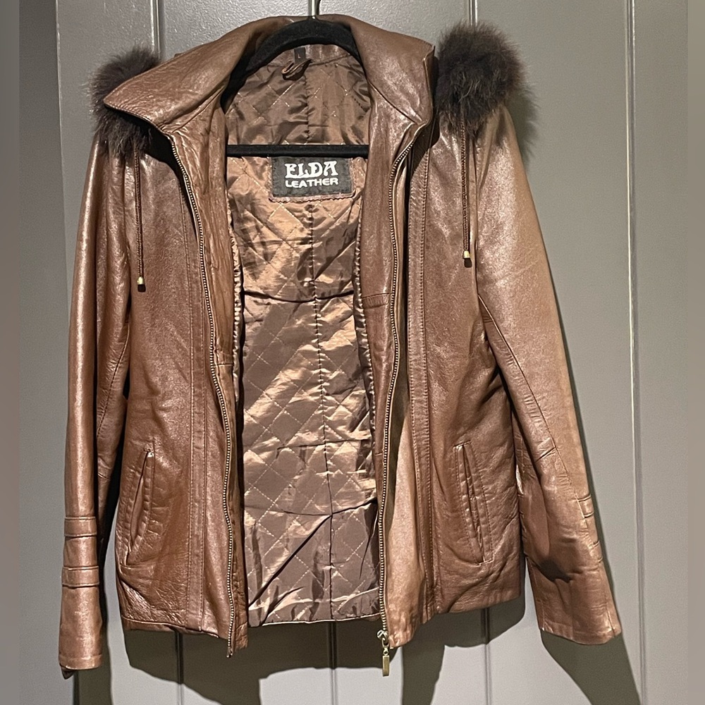 Women's Brown Leather Jacket with Fur Trim